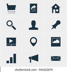 Vector Illustration Of 12 Internet Icons. Editable Pack Of Map Pointer, Account, Bullhorn And Other Elements.