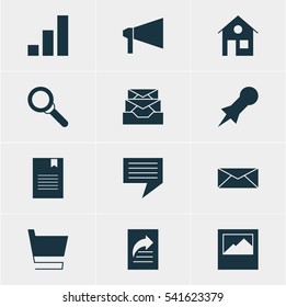 Vector Illustration Of 12 Internet Icons. Editable Pack Of Trolley, Chat, Letter And Other Elements.