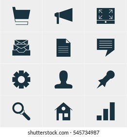 Vector Illustration Of 12 Internet Icons. Editable Pack Of Thumbtack, Trolley, Messages And Other Elements.