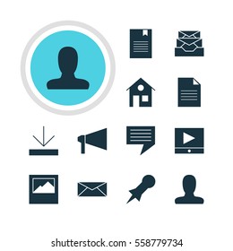 Vector Illustration Of 12 Internet Icons. Editable Pack Of Bullhorn, Bookmark, Play Button And Other Elements.