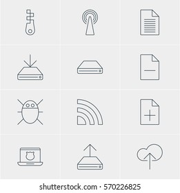Vector Illustration Of 12 Internet Icons. Editable Pack Of Wireless Network, Removing File, Fastener And Other Elements.