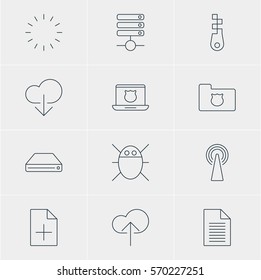 Vector Illustration Of 12 Internet Icons. Editable Pack Of Cloud Download, Document Adding, Server And Other Elements.