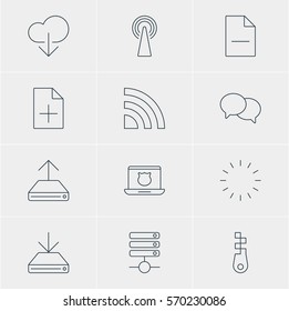 Vector Illustration Of 12 Internet Icons. Editable Pack Of Server, Information Load, Removing File And Other Elements.