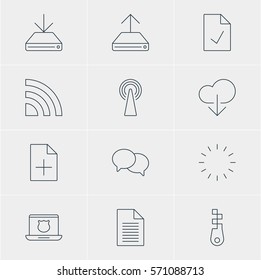 Vector Illustration Of 12 Internet Icons. Editable Pack Of Secure Laptop, Wireless Network, Document Adding And Other Elements.