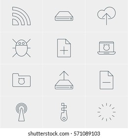 Vector Illustration Of 12 Internet Icons. Editable Pack Of Privacy Doc, Hard Drive Disk, Wireless Network And Other Elements.