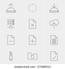 Vector Illustration Of 12 Internet Icons. Editable Pack Of Information Load, Delete Data, Checked Note And Other Elements.