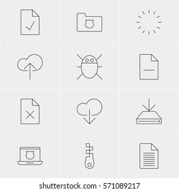 Vector Illustration Of 12 Internet Icons. Editable Pack Of Information Load, Secure Laptop, Privacy Doc And Other Elements.