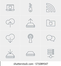 Vector Illustration Of 12 Internet Icons. Editable Pack Of Router, Secure Laptop, Talking And Other Elements.