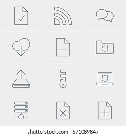 Vector Illustration Of 12 Internet Icons. Editable Pack Of Secure Laptop, Privacy Doc, Document Adding And Other Elements.