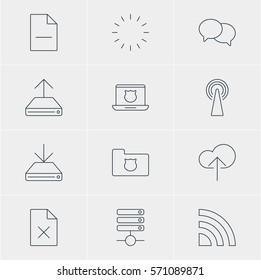 Vector Illustration Of 12 Internet Icons. Editable Pack Of Removing File, Secure Laptop, Server And Other Elements.