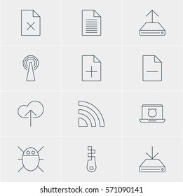 Vector Illustration Of 12 Internet Icons. Editable Pack Of Wireless Network, Secure Laptop, Removing File And Other Elements.