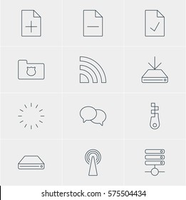 Vector Illustration Of 12 Internet Icons. Editable Pack Of Privacy Doc, Document Adding, Hard Drive Disk And Other Elements.