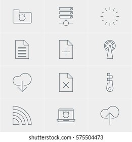 Vector Illustration Of 12 Internet Icons. Editable Pack Of Data Upload, Wireless Network, Router And Other Elements.