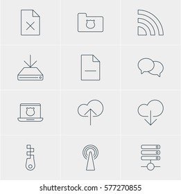 Vector Illustration Of 12 Internet Icons. Editable Pack Of Delete Data, Secure Laptop, Removing File And Other Elements.