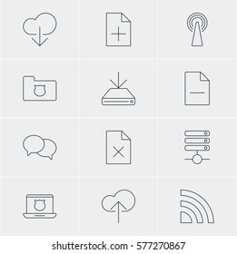 Vector Illustration Of 12 Internet Icons. Editable Pack Of Wireless Network, Document Adding, Delete Data And Other Elements.