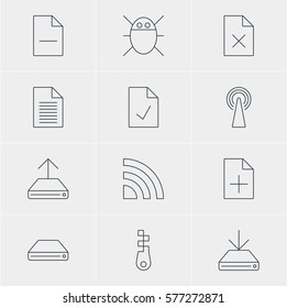 Vector Illustration Of 12 Internet Icons. Editable Pack Of Delete Data, Document Adding, Router And Other Elements.