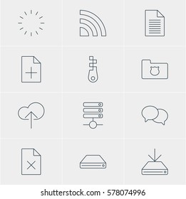 Vector Illustration Of 12 Internet Icons. Editable Pack Of Cloud Download, Information Load, Document Adding And Other Elements.