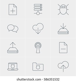 Vector Illustration Of 12 Internet Icons. Editable Pack Of Hdd Sync, Data Upload, Router And Other Elements.