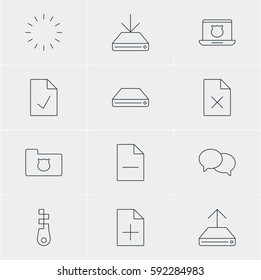 Vector Illustration Of 12 Internet Icons. Editable Pack Of Checked Note, Document Adding, Delete Data And Other Elements.