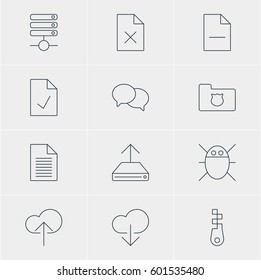 Vector Illustration Of 12 Internet Icons. Editable Pack Of Data Upload, Fastener, Removing File And Other Elements.