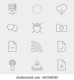 Vector Illustration Of 12 Internet Icons. Editable Pack Of Computer Virus, Delete Data, Talking And Other Elements.