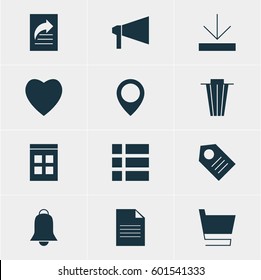 Vector Illustration Of 12 Internet Icons. Editable Pack Of Trash, Bullhorn, Map Pointer And Other Elements.