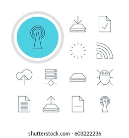 Vector Illustration Of 12 Internet Icons. Editable Pack Of Wireless Network, Note, Router And Other Elements.