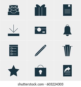 Vector Illustration Of 12 Internet Icons. Editable Pack Of Notification, Document Transfer, Upload And Other Elements.