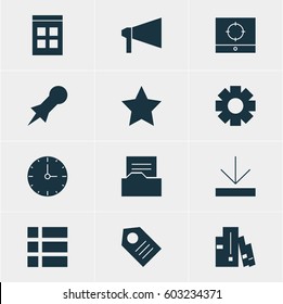Vector Illustration Of 12 Internet Icons. Editable Pack Of Bullhorn, Bookmark, Gear And Other Elements.