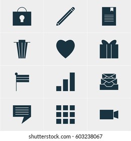Vector Illustration Of 12 Internet Icons. Editable Pack Of Love, Gift, Pen And Other Elements.