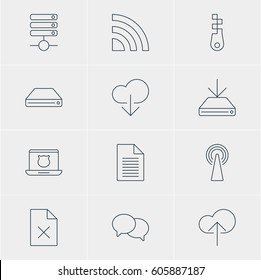 Vector Illustration Of 12 Internet Icons. Editable Pack Of Cloud Download, Data Upload, Router And Other Elements.
