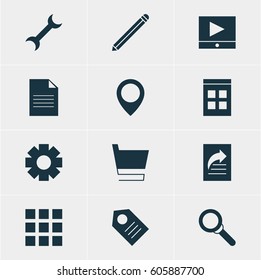Vector Illustration Of 12 Internet Icons. Editable Pack Of Document, Gear, Magnifier And Other Elements.