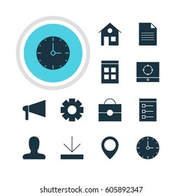 Vector Illustration Of 12 Internet Icons. Editable Pack Of Portfolio, Gear, Document And Other Elements.
