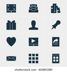 Vector Illustration Of 12 Internet Icons. Editable Pack Of Document Transfer, Gift, Account And Other Elements.