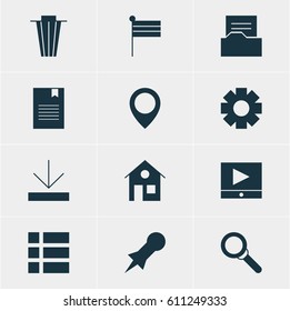 Vector Illustration Of 12 Internet Icons. Editable Pack Of Map Pointer, Play Button, Thumbtack And Other Elements.