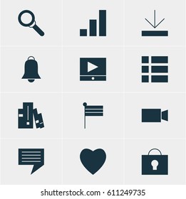 Vector Illustration Of 12 Internet Icons. Editable Pack Of Notification, Play Button, Bookshelf And Other Elements.