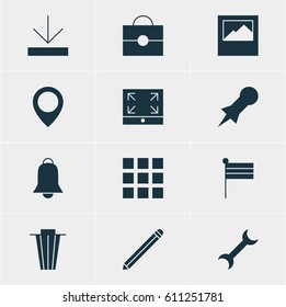 Vector Illustration Of 12 Internet Icons. Editable Pack Of Grid, Thumbtack, Upload And Other Elements.