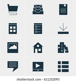 Vector Illustration Of 12 Internet Icons. Editable Pack Of Landscape Photo, Chat, Bookshelf Elements.