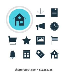 Vector Illustration Of 12 Internet Icons. Editable Pack Of Bookmark, Bullhorn, Bookmark And Other Elements.
