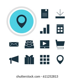 Vector Illustration Of 12 Internet Icons. Editable Pack Of Grid, Play Button, Map Pointer And Other Elements.