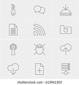 Vector Illustration Of 12 Internet Icons. Editable Pack Of Wireless Network, Document Adding, Fastener And Other Elements.