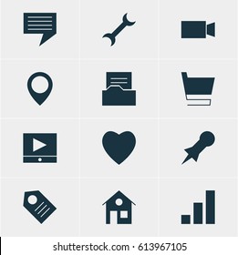 Vector Illustration Of 12 Internet Icons. Editable Pack Of Thumbtack, Chat, Map Pointer And Other Elements.