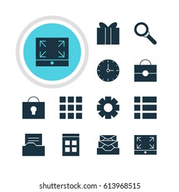 Vector Illustration Of 12 Internet Icons. Editable Pack Of Magnifier, Gear, Date Time And Other Elements.
