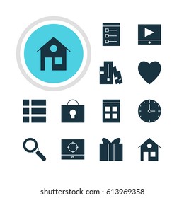 Vector Illustration Of 12 Internet Icons. Editable Pack Of Clock, Love, Bookshelf And Other Elements.