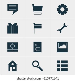 Vector Illustration Of 12 Internet Icons. Editable Pack Of List, Trolley, Settings And Other Elements.