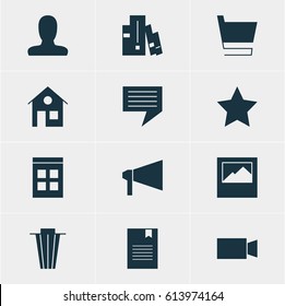 Vector Illustration Of 12 Internet Icons. Editable Pack Of Landscape Photo, House, Bookmark Elements.