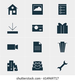 Vector Illustration Of 12 Internet Icons. Editable Pack Of Landscape Photo, Upload, Video Camera Elements.