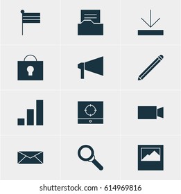 Vector Illustration Of 12 Internet Icons. Editable Pack Of Pen, Increase Chart, Magnifier And Other Elements.