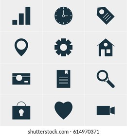 Vector Illustration Of 12 Internet Icons. Editable Pack Of Magnifier, Increase Chart, Map Pointer And Other Elements.