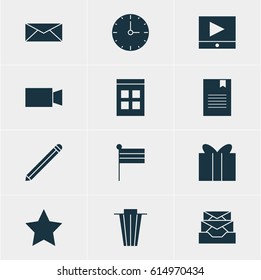 Vector Illustration Of 12 Internet Icons. Editable Pack Of Pen, Video Camera, Trash And Other Elements.